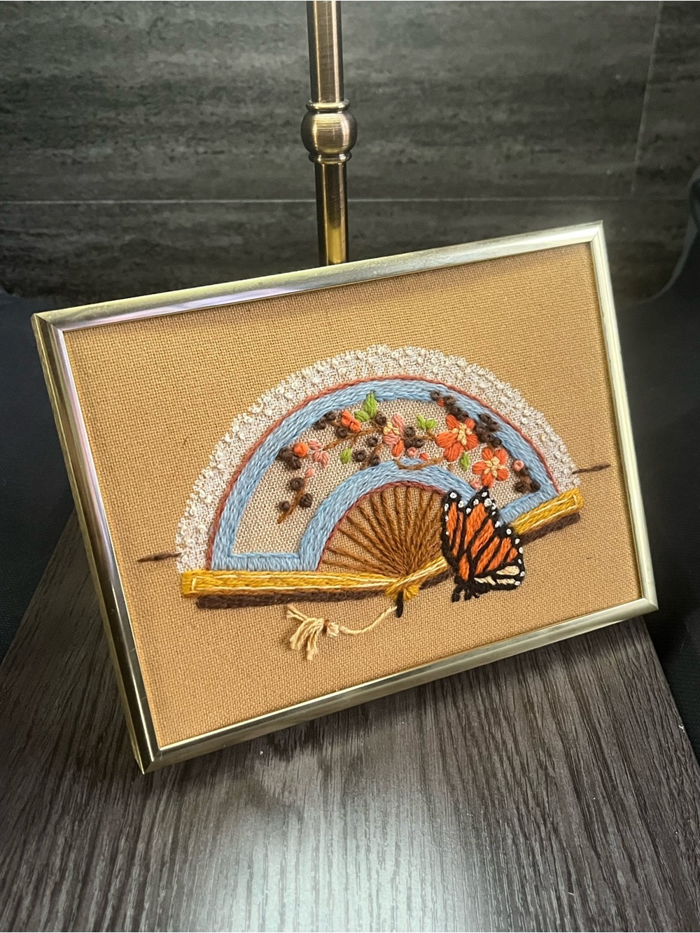 Vintage Sunset Design Single Monarch Butterfly Crewel Embroidery Wall Art 8.25”